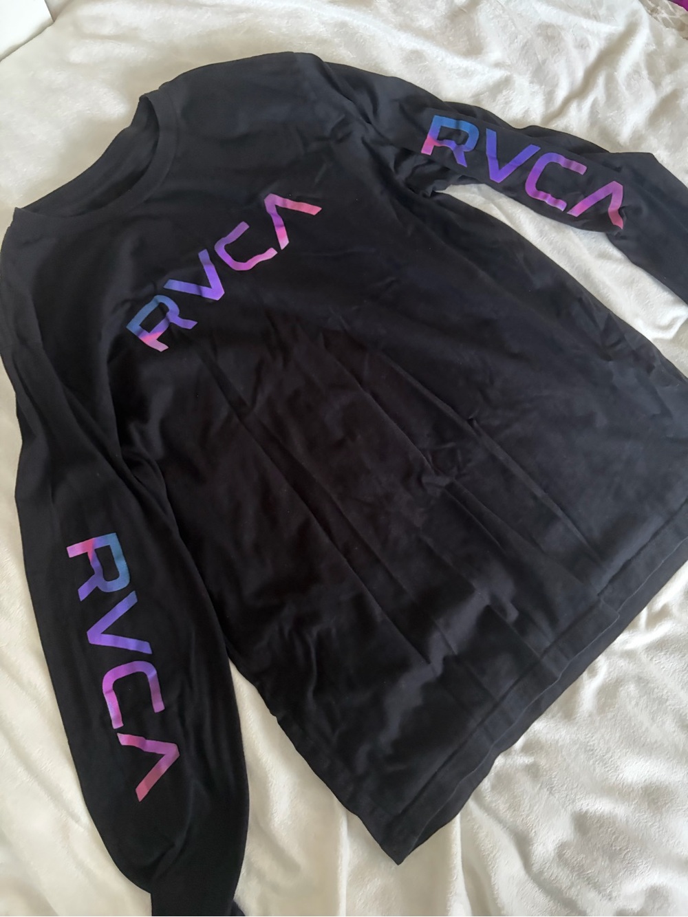 RVCA Black Long Sleeve Tee with Purple-Pink Gradient Logo